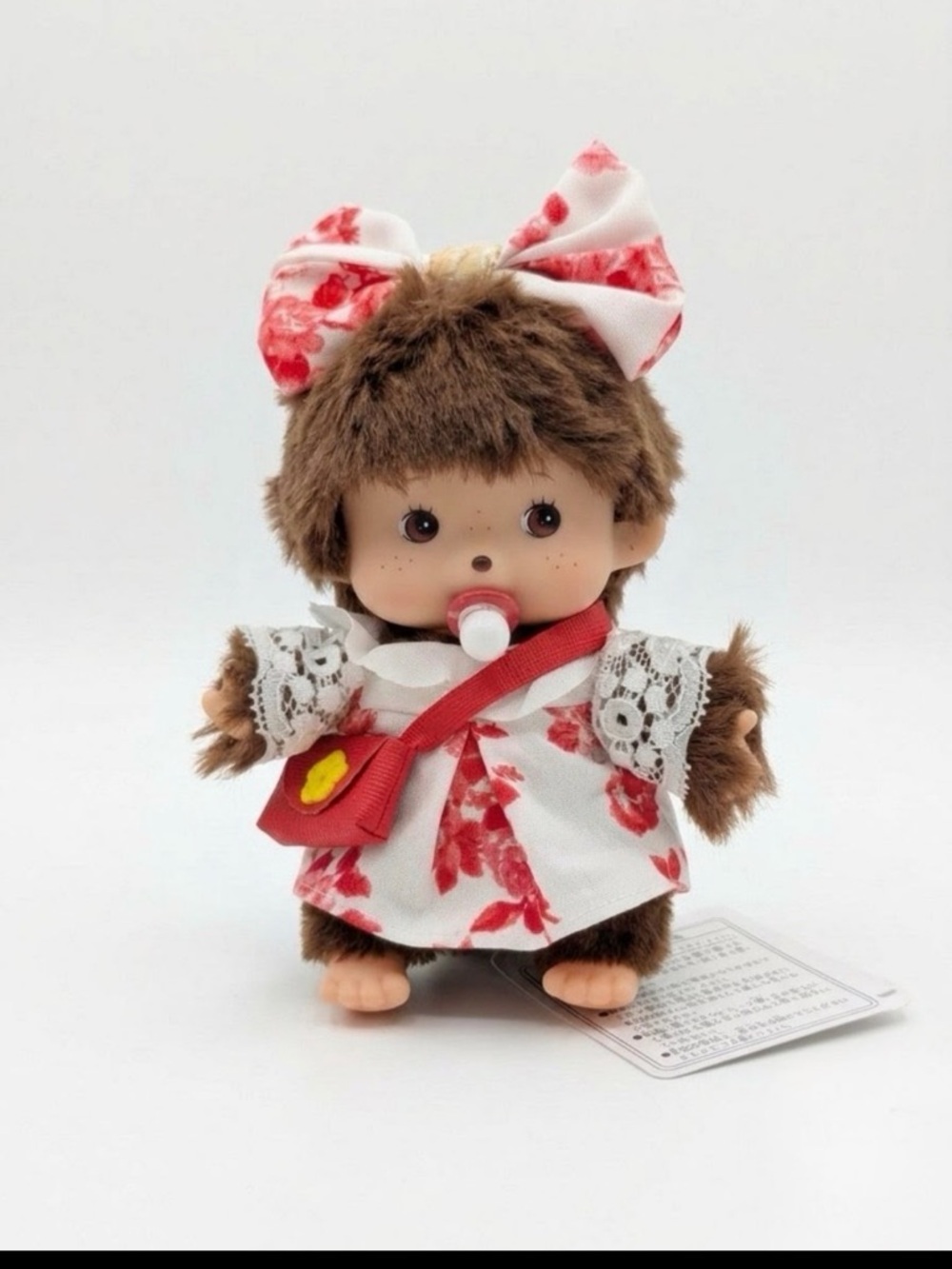 Monchhichi-Style Brown Plush Doll in White & Red Floral Dress